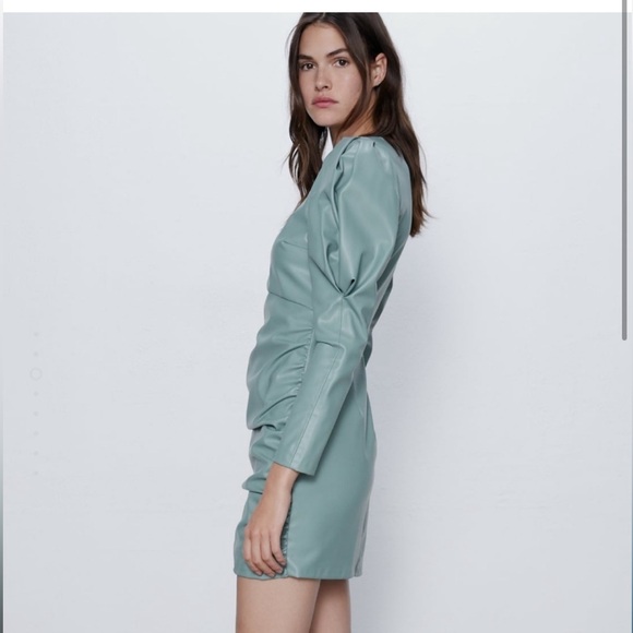ZARA mint green leather puff sleeve dress - Picture 2 of 12